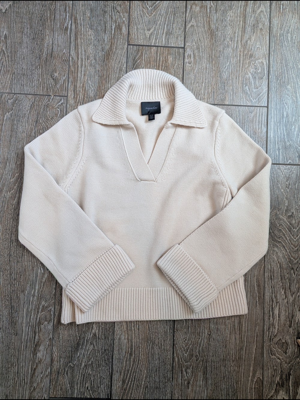 Magaschoni Cream Collared Wool Sweater Medium V Neck Old Money Johnny Collar
